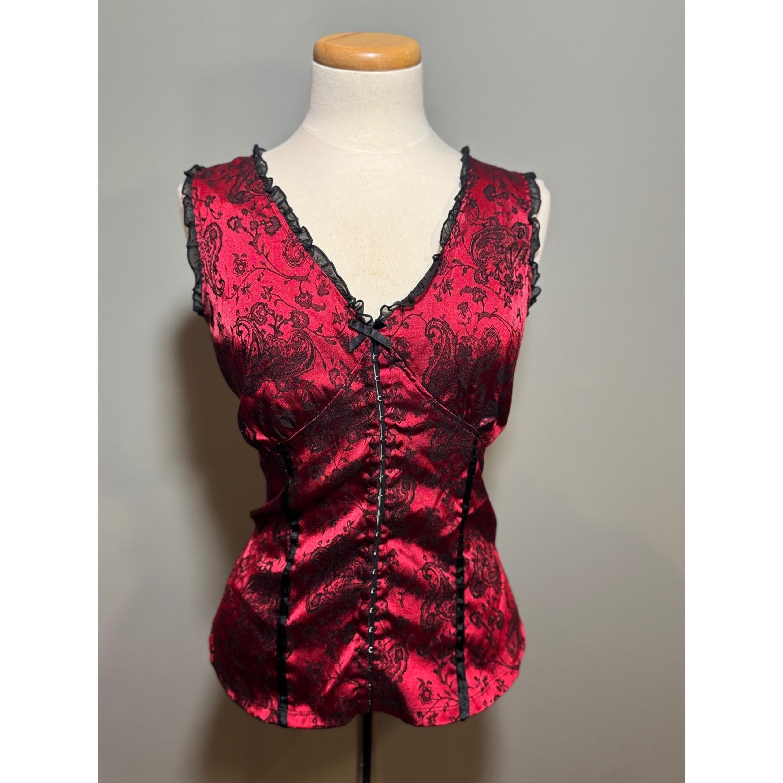 Y2K 2000's Red & Black Goth Sleeveless Lace Trim Tank Top Large - Fashion Bug