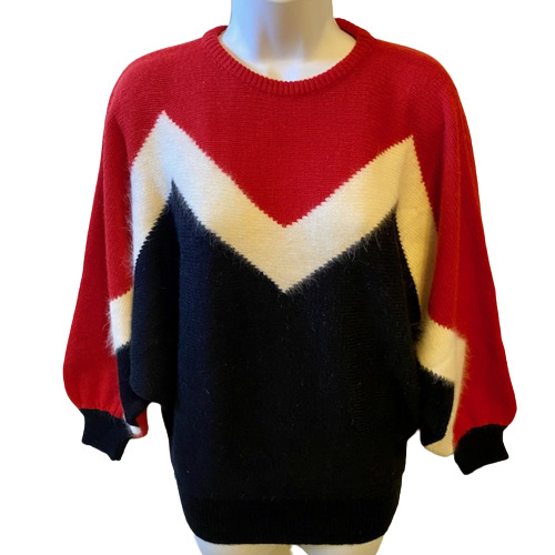 Pullover Sweater Red White Black Geometric Chevron Pattern Vintage 1950s Batwing