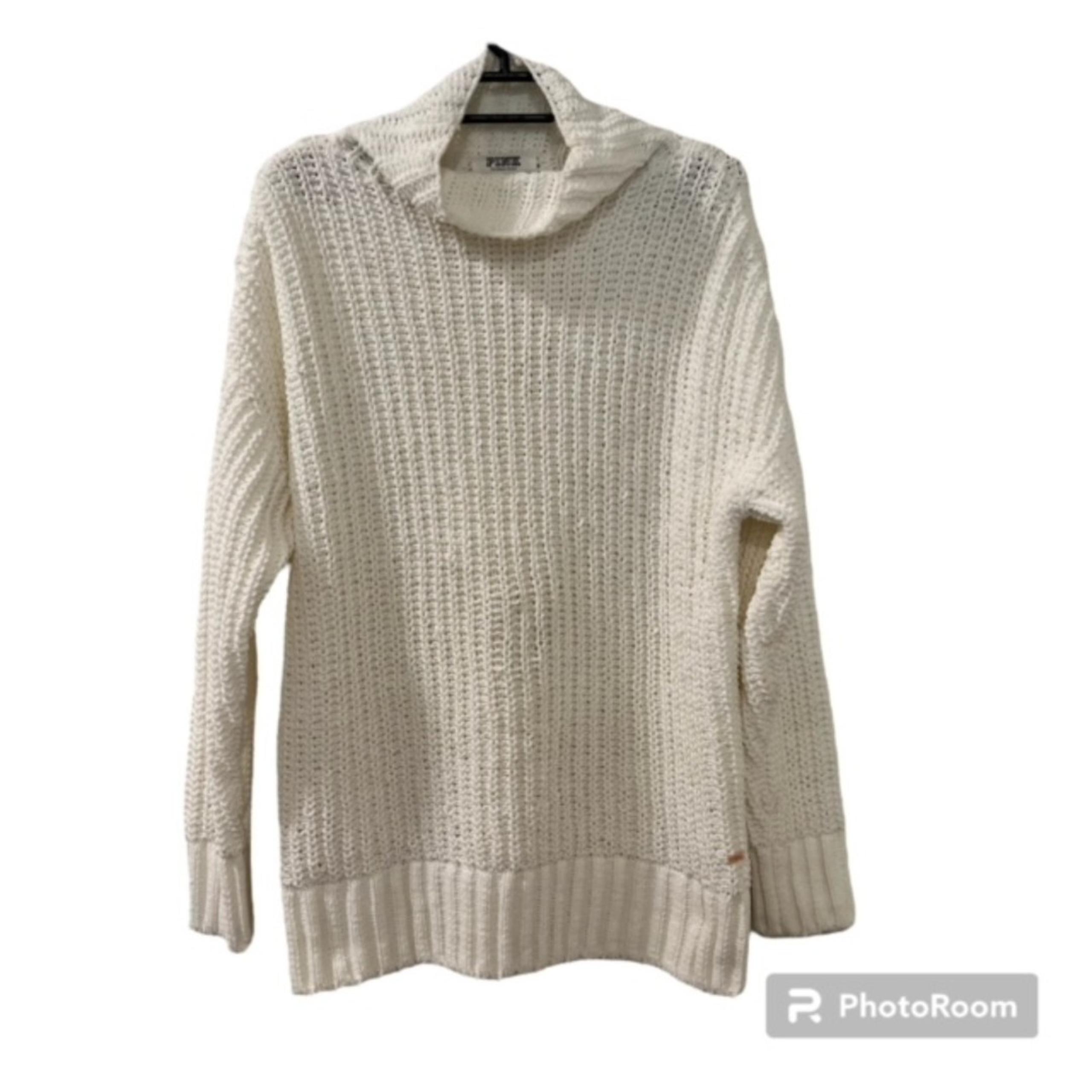 PINK Womens White Mock Neck White Ribbed Hem Open Knit Oversized Sweater Size XS