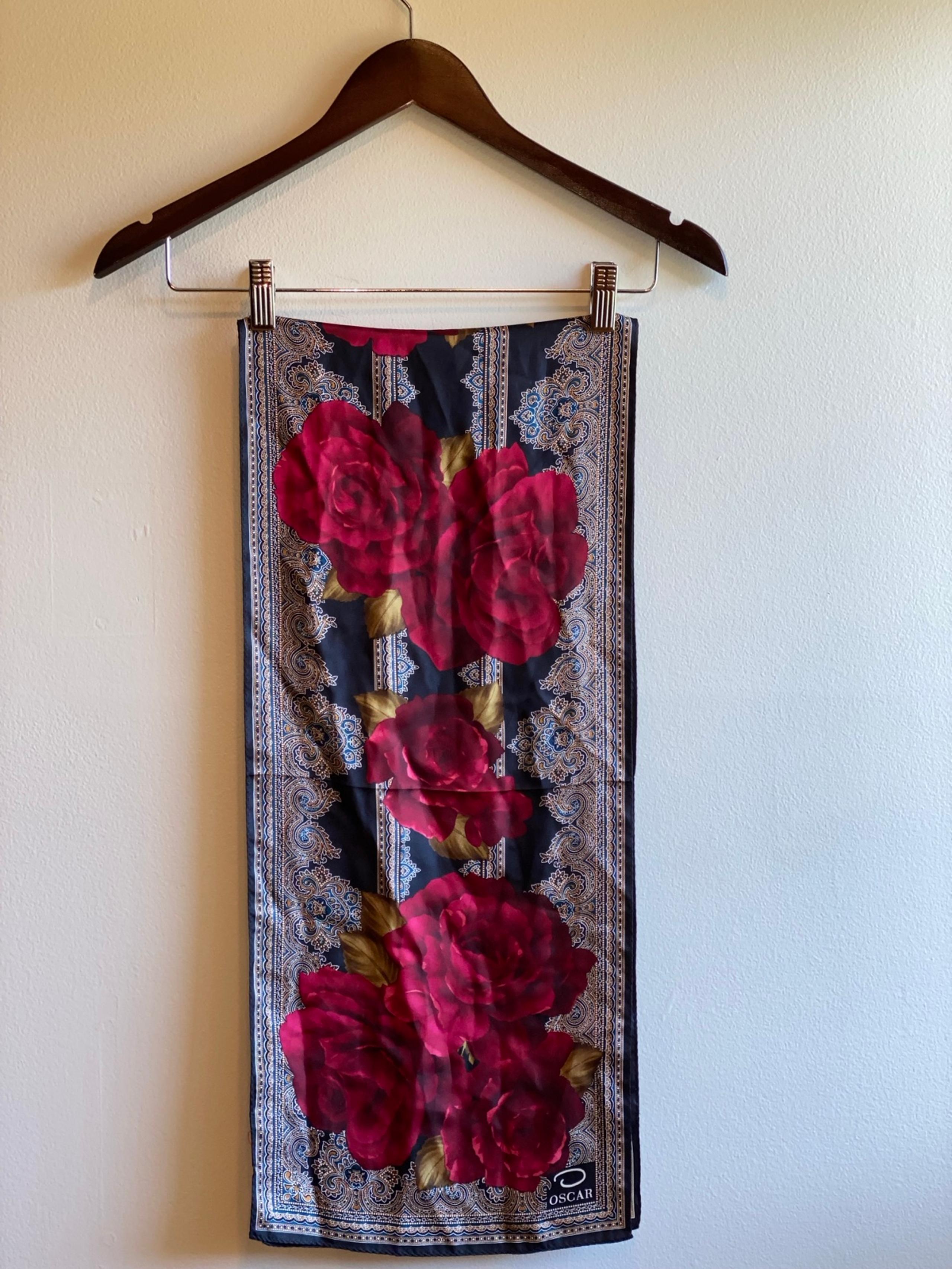 Vintage Oscar De La Renta 100% Silk Floral Oblong Scarf Brown & Burgundy