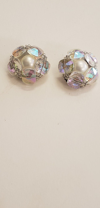 Vintage Marvella Aurora Borealis and Faux Pearl Clip On Earrings