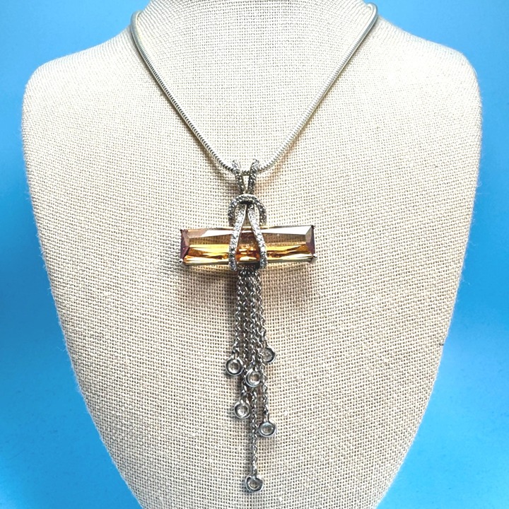 Sterling Silver Peach Elongated East West CZ Tassel Pendant Necklace 20'' Length