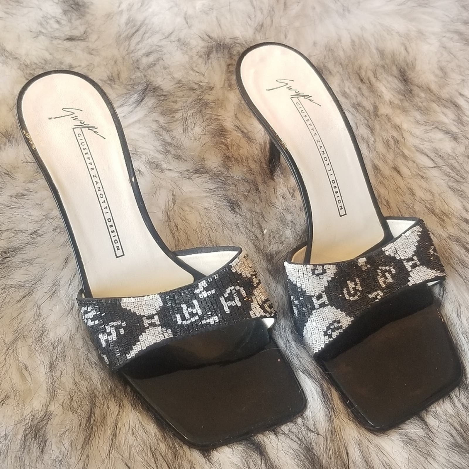 GUISEPPE ZANOTTI DESIGN Women's Black and White Sequin Slides size EU 37, US 7