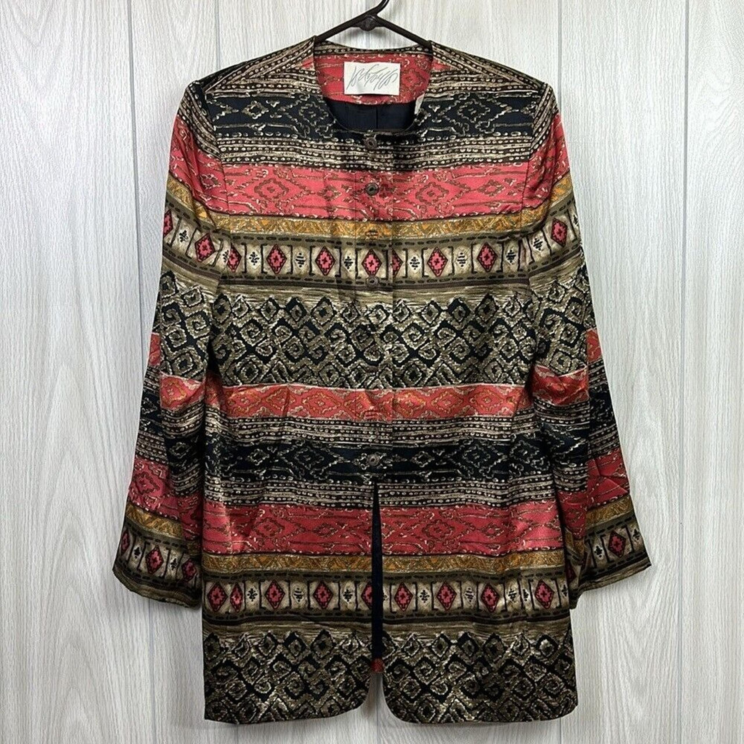 Lord & Taylor Womens Blazer 6 Silk Aztec Button Geometric Career Vintage Lined