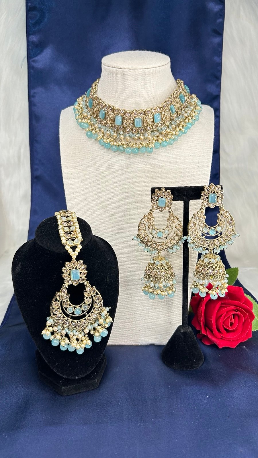 Stunning Gold With Crystal Sky blue Gemstone Necklace, long Jhumkas & Tikka Set