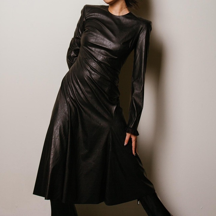 Philosophy di Lorenzo Serafini Faux Leather Midi Dress with Lace Cuff