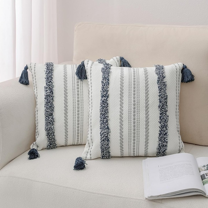 Throw Pillow Covers with Tassels Set of 2 Cotton Boho 18 x 18 inch