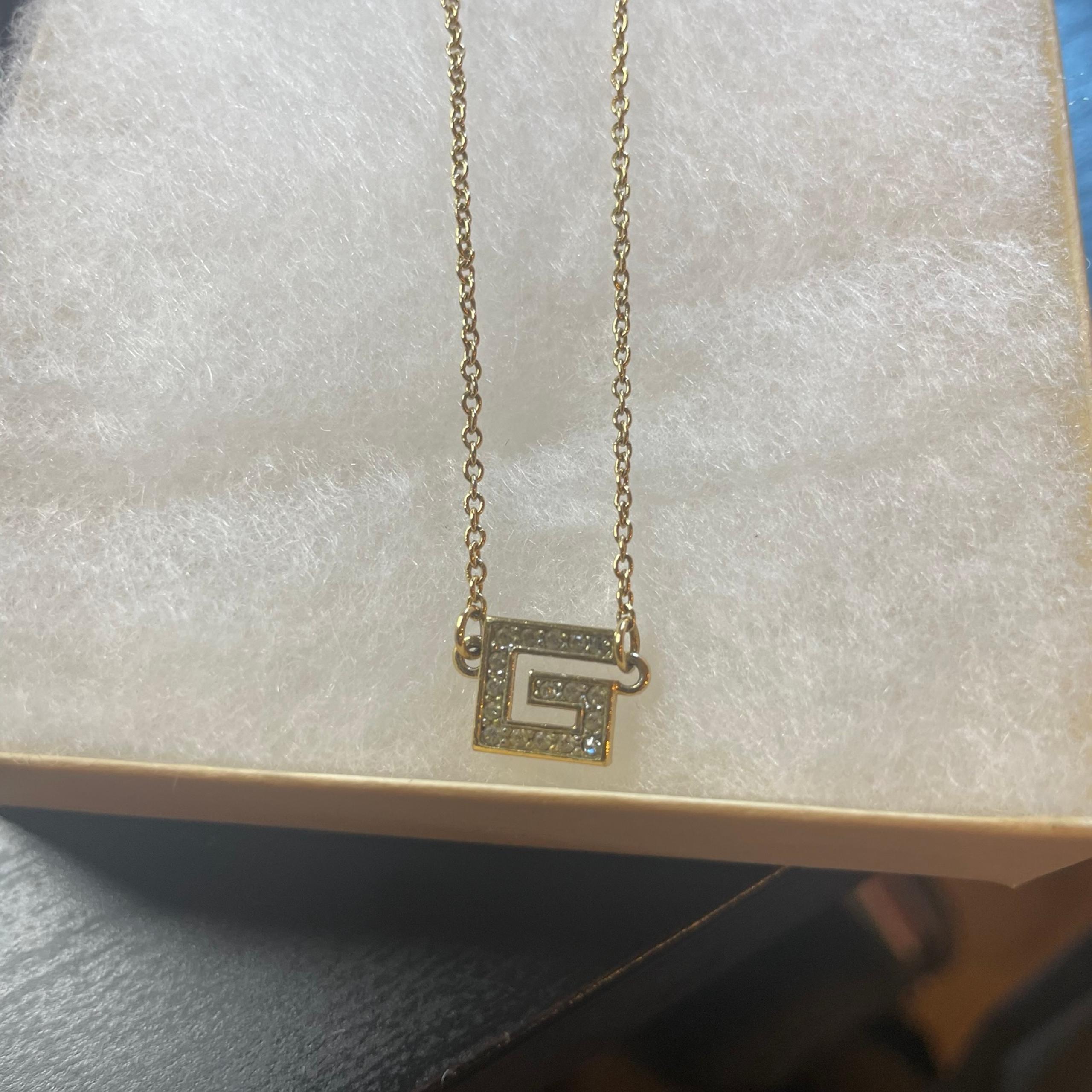 Givenchy Gold Plated G-Shaped Crystal Logo Pendant Necklace Vintage 1990s Bijoux