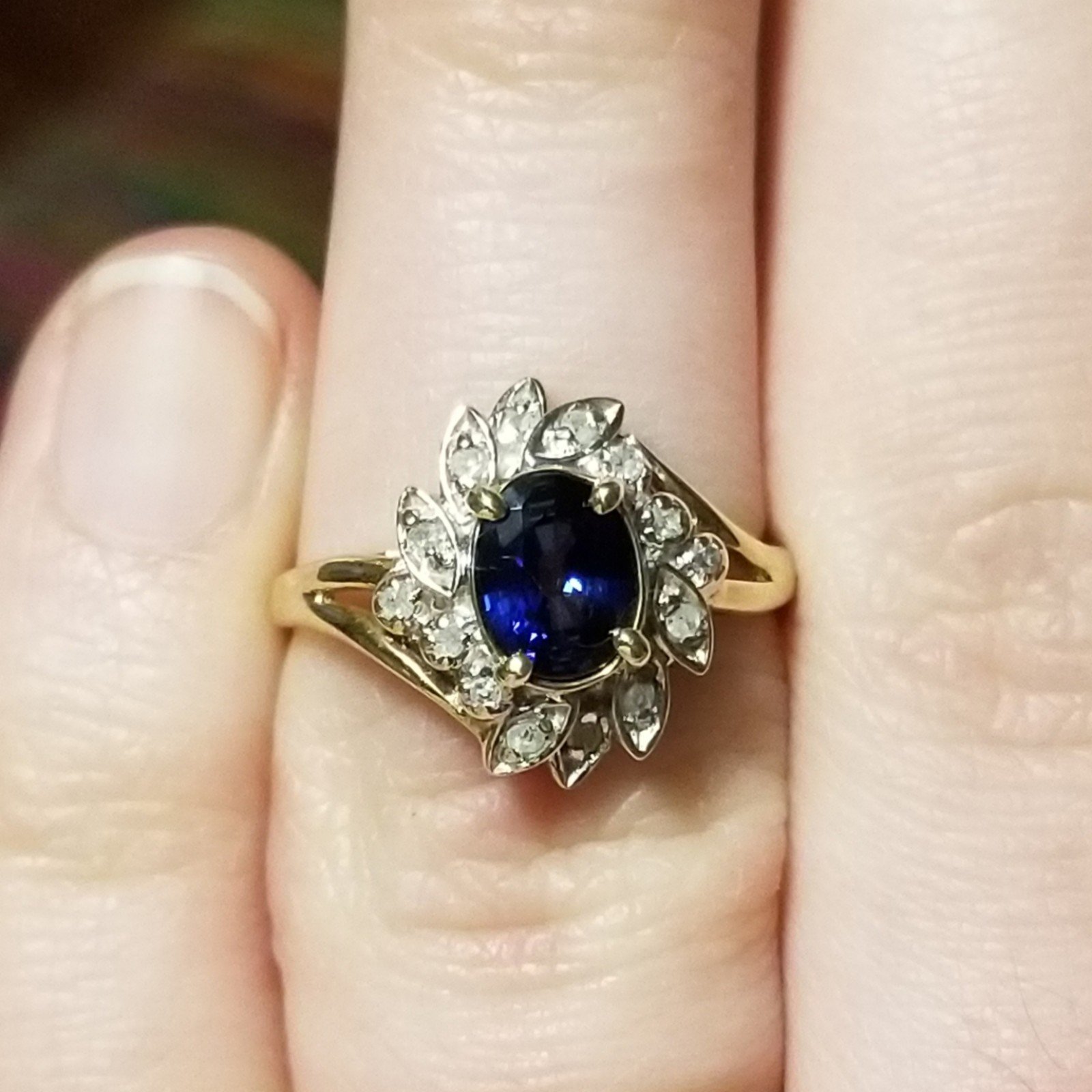 Oval Sapphire and Diamond Halo Princess Diana 10K Gold Ring