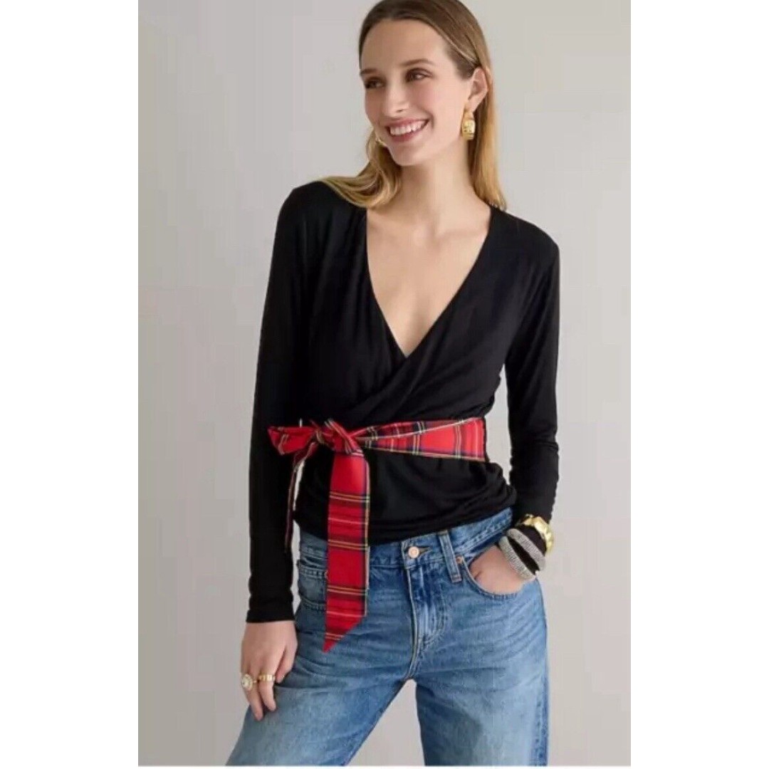 J. Crew FormKnit Top Womens Small Black Long Sleeve Plaid Wrap Holiday Pullover