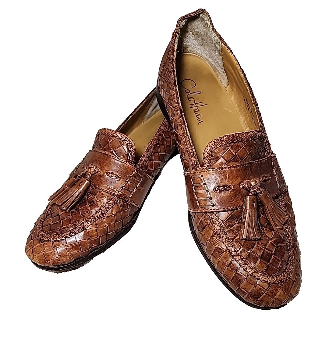Cole Haan Mens Shoes 9.5 Bragano Italy Italian Leather Luxury Brown Basket Weave