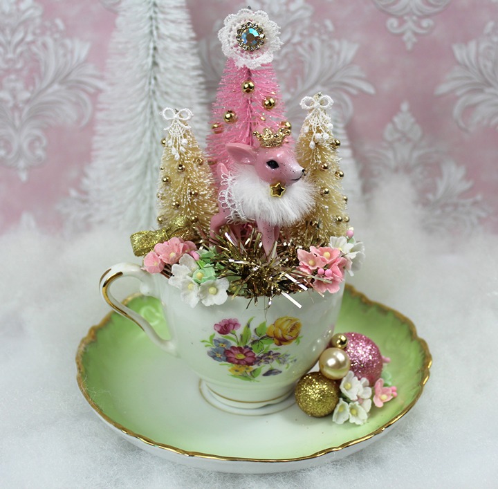 Pink Deer Bottle Brush Trees: Pink Christmas Vintage Teacup Christmas Scene