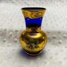 Vintage Czech Bohemian Hand Painted Handblown Cobalt Blue 24K Gold Gilt Bud Vase
