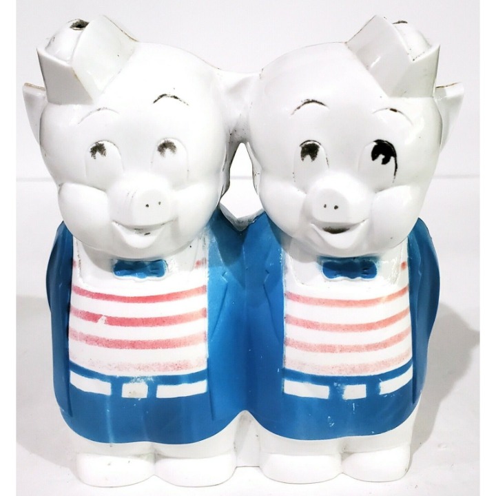 VINTAGE Twin Piglets DOUBLE SLOT PLASTIC PIGGY BANK two Porky Pig red white blue