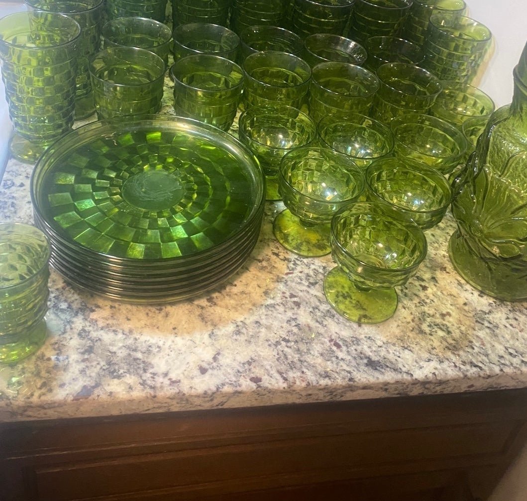 26 Piece Vintage Whitehall Indiana Glass Avocado Green Glassess Set
