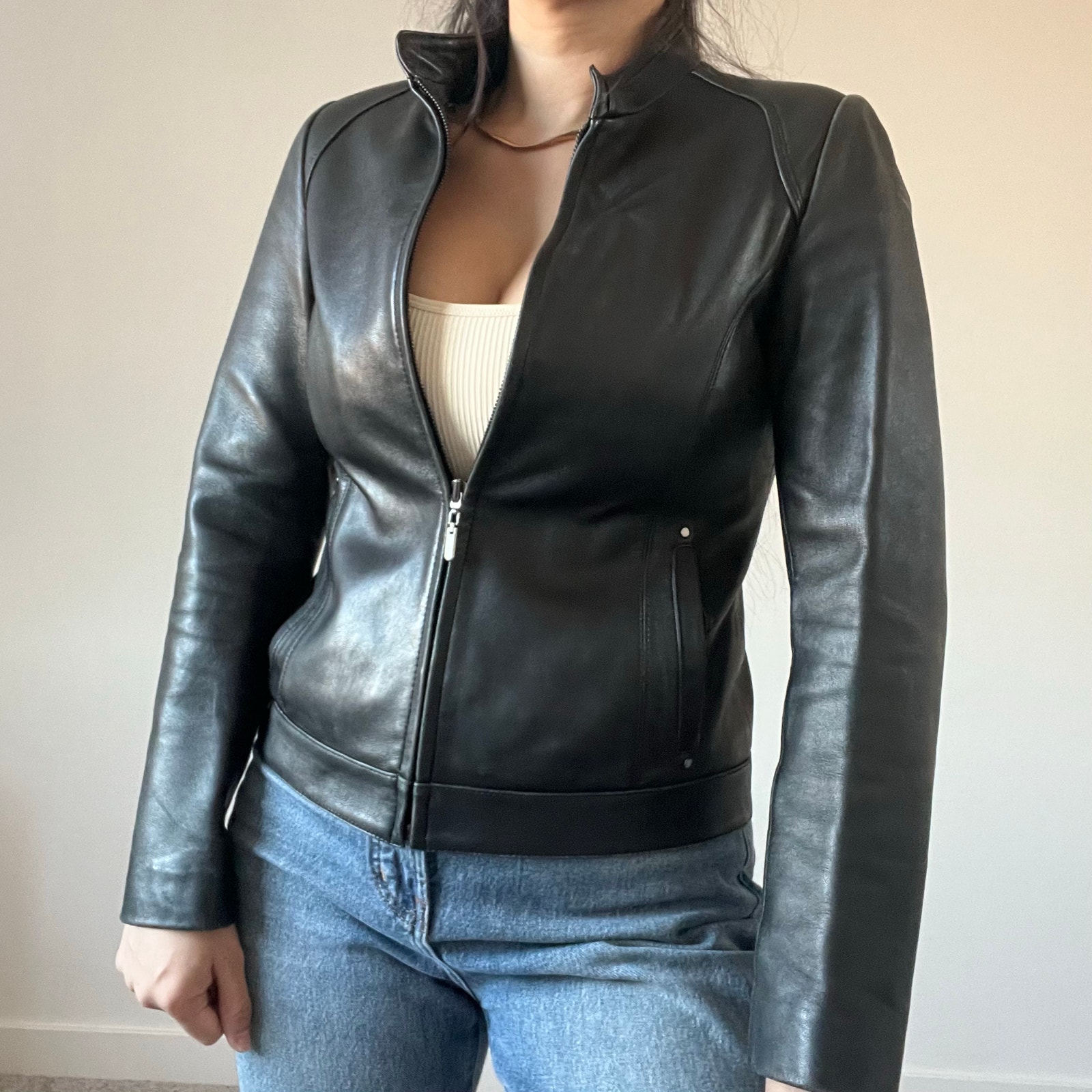 100% Lambskin Leather Black Fitted Jacket Grunge Biker Moto Jacket