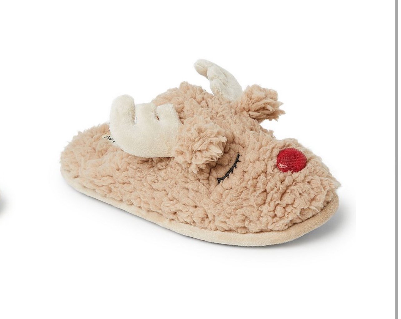 Dearfoam Christmas Slippers Size Large Tan/ reindeer face New With Tags