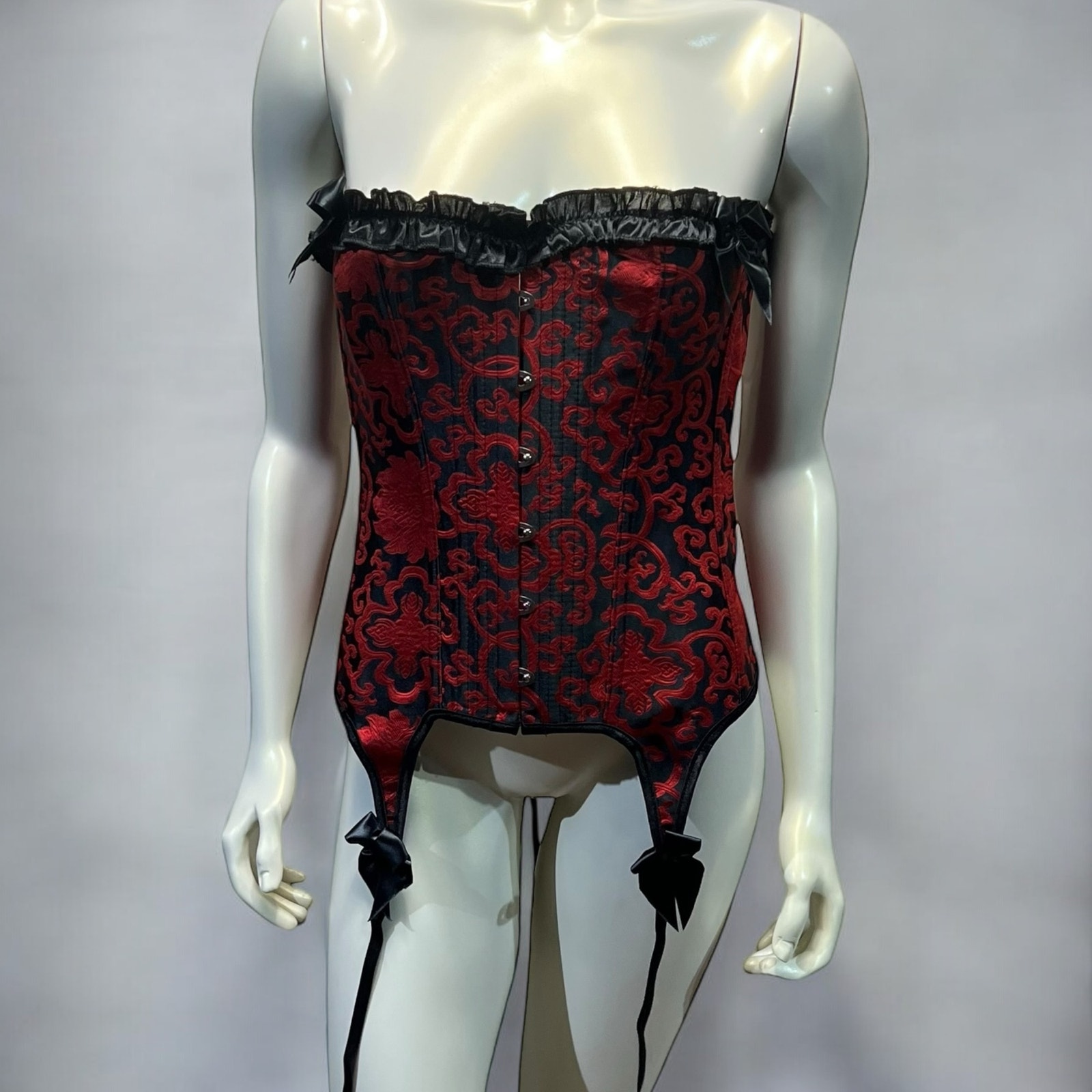 Red & Black Brocade Corset with Garter Straps - Gothic Burlesque Style - Size XL