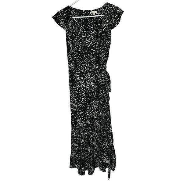 Max Studio Black Cream Pink Wrap Ruffle Maxi Dress