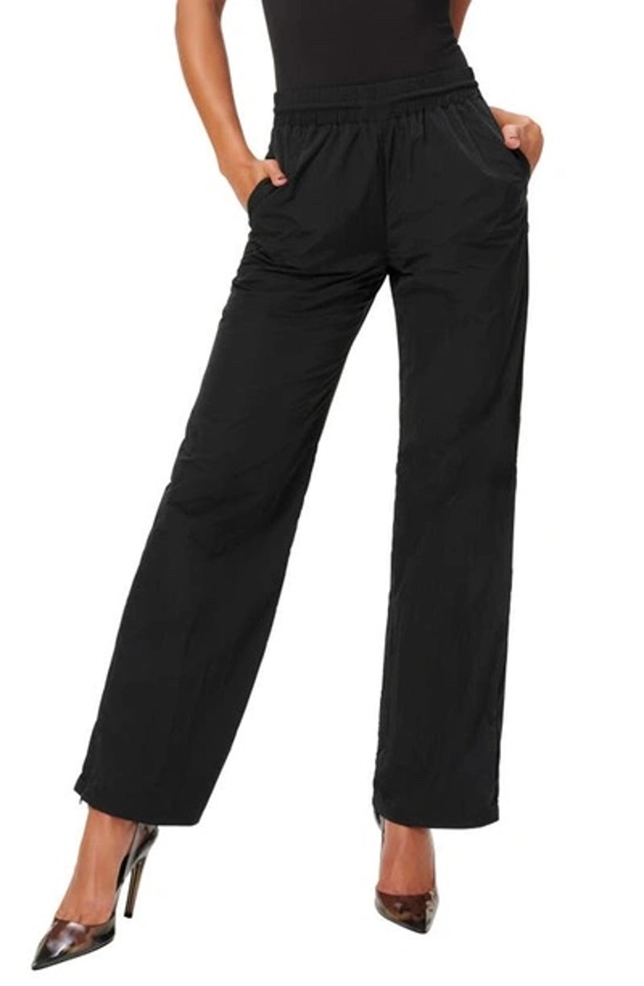 Good American High Rise Track Pants Wide Leg Zipper Hem in Black
