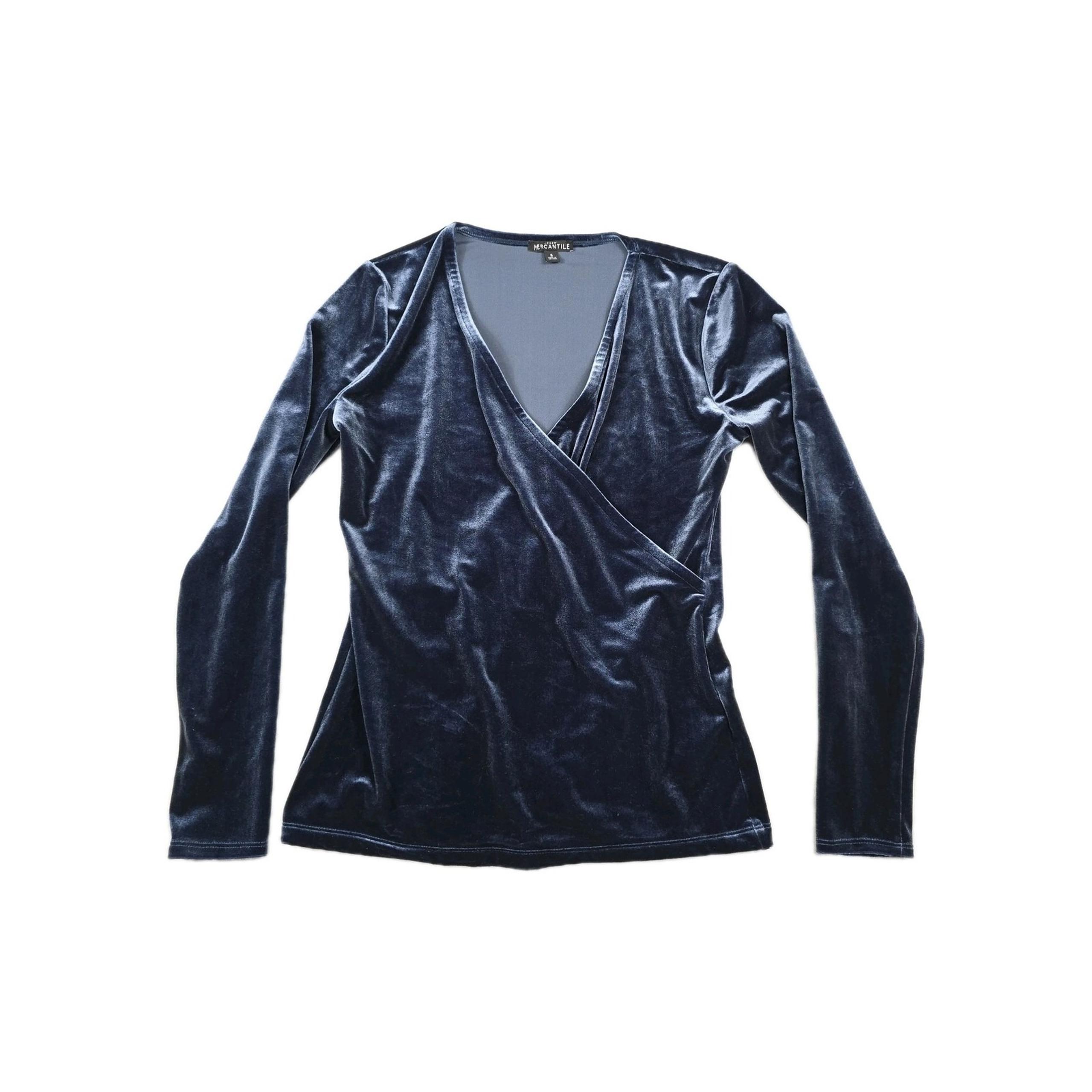 J Crew Mercantile Women's Size Small Navy Blue Velvet Fauz Wrap Shirt Top