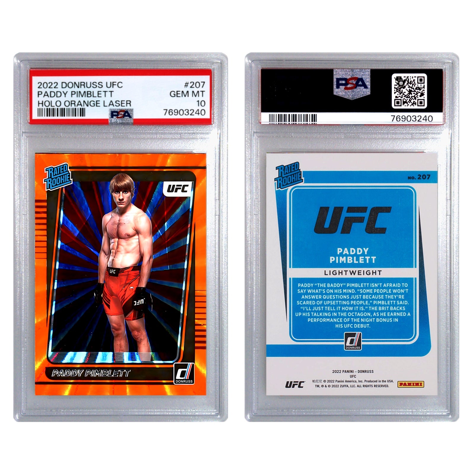 Paddy Pimblett 2022 Panini Donruss UFC #207 RC Holo Orange Laser PSA 10 GEM MT