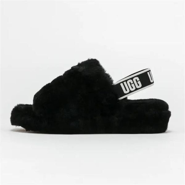 UGG Kid's Black Flat Strap Comfort Slip On Fluff Yeah Slide Sandal Size 6