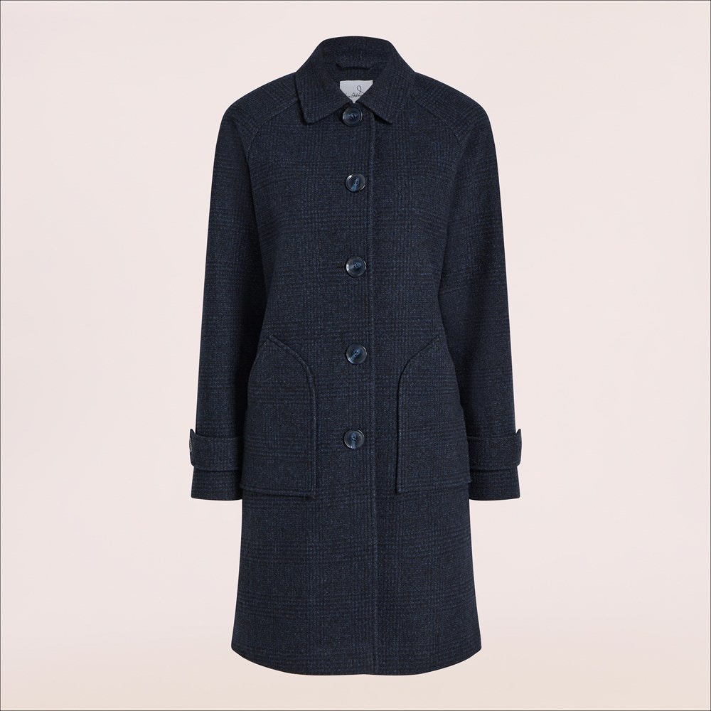 Sam Edelman Plaid Slim Balmacaan Coat Navy Black Women’s 2 Wool Blend Classic