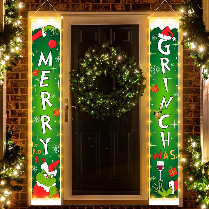 Christmas Decorations Banners with String Lights, Animated Porch Sign Banners