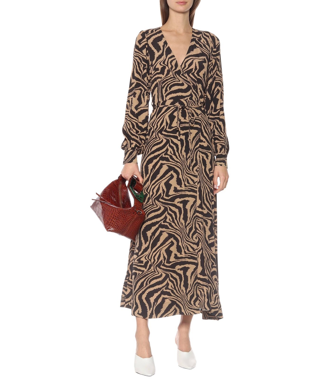 GANNI Tiger Print Crepe Wrap Midi Dress, Tannin, FR34