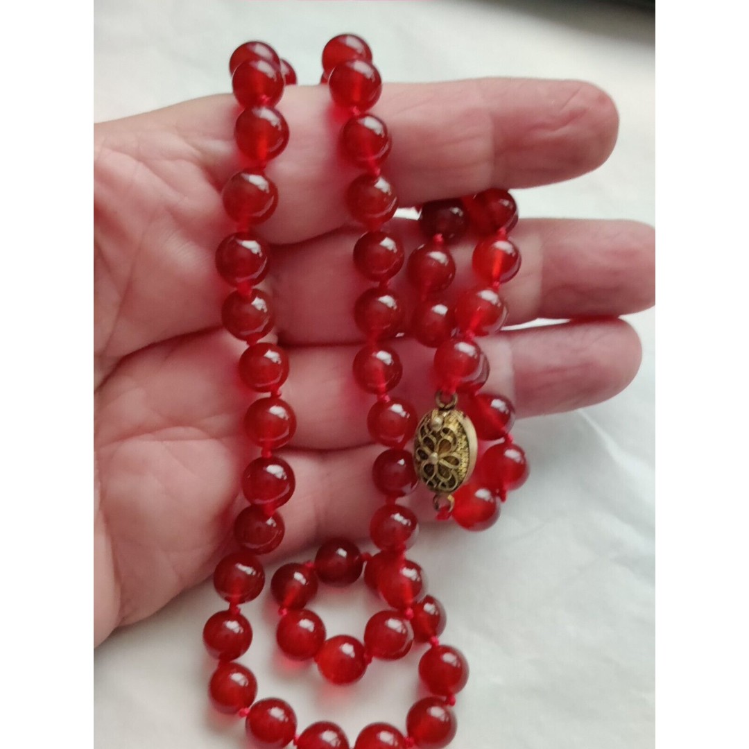 VTG Bohemian Ruby Red Hand Knotted Gold Wash Silver Clasp GLASS NECKLACE 24