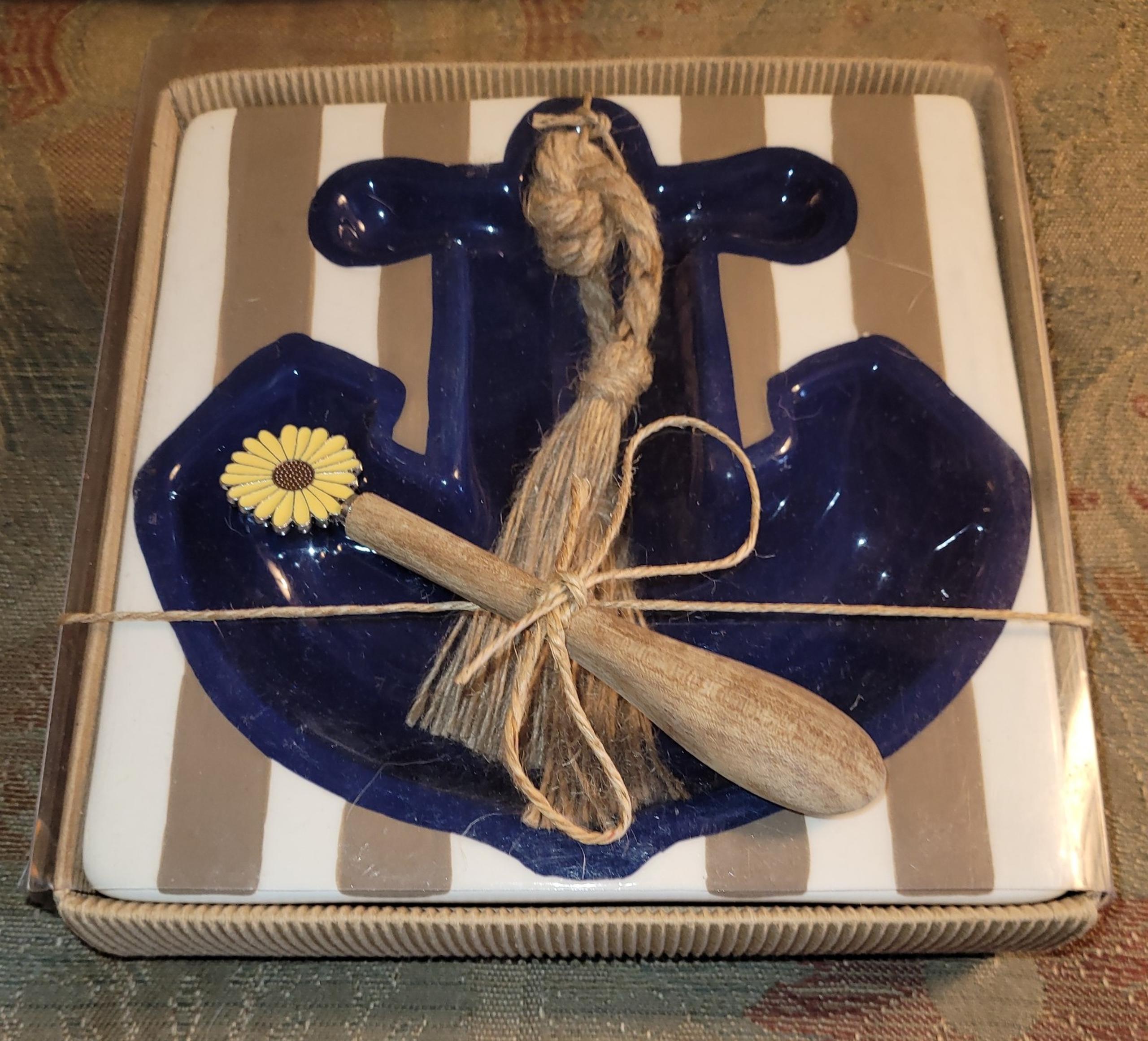 anchor shaped ceramic dip bowl with spreader 6 1/2" tall Brand New