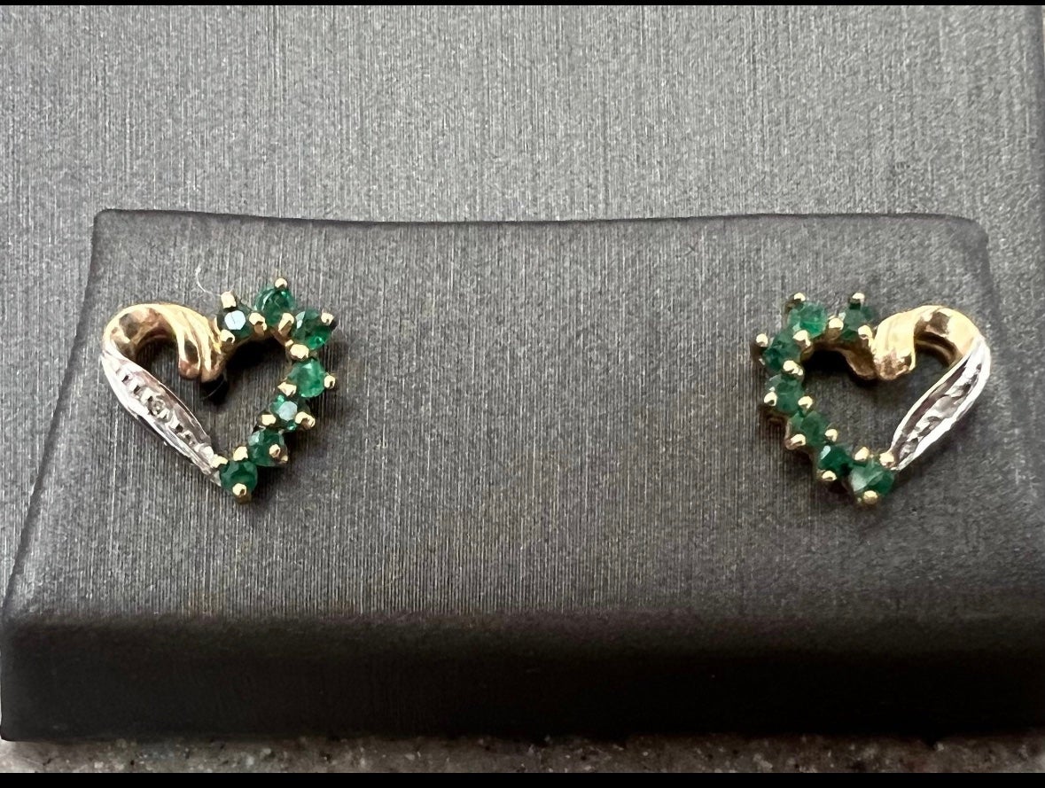 Vintage 10K Yellow Emerald & Diamond Heart Earrings