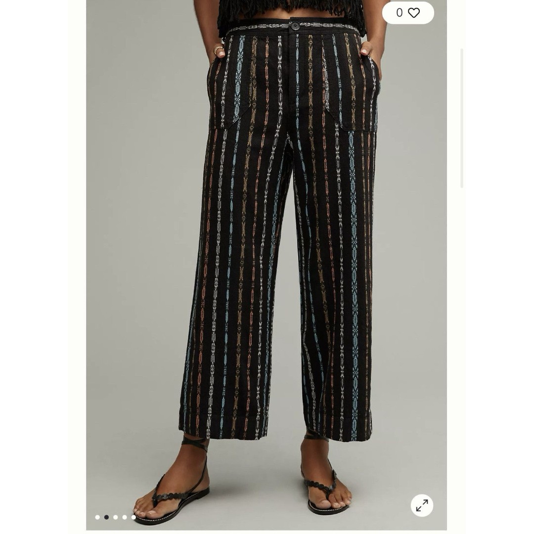 Anthropolgie The Dobby Flare Pant Black & Multicolored Linen Blend Boho Size 0