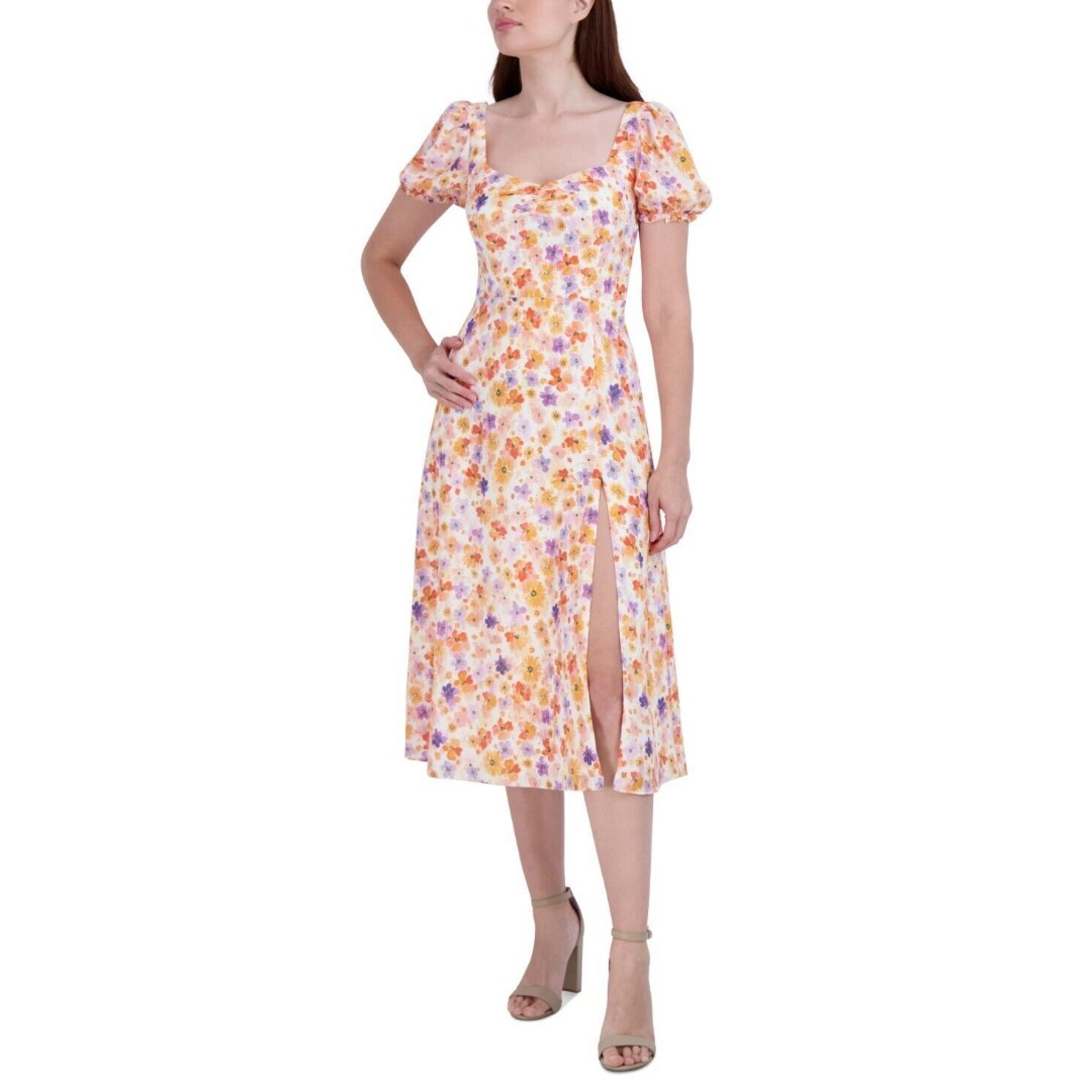 BCBGeneration Womens Printed Puff-Sleeve Midi, Ghosted Floral, Size 14