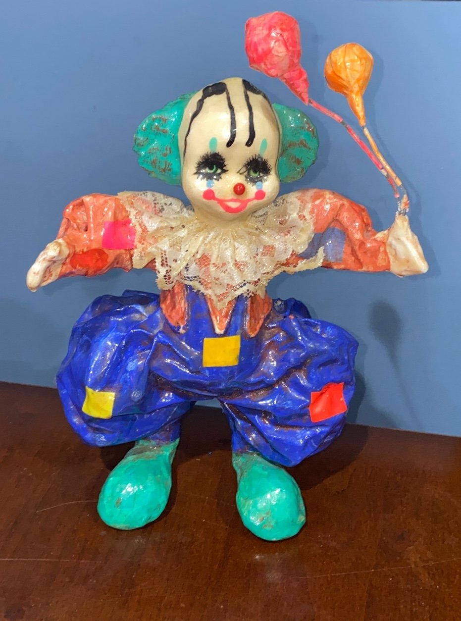 Vintage Mexican Paper Mache Clown Figurine with Balloons signed by artist