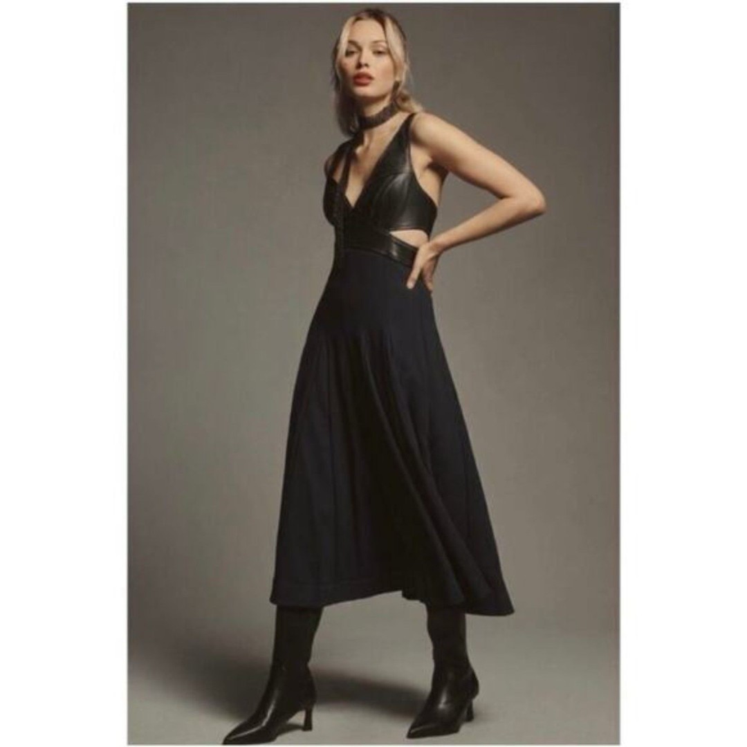 ANTHROPOLOGIE Vegan Leather Cut-Out Sleeveless V-Neck A-LIne Midi Dress NWT Sz 2