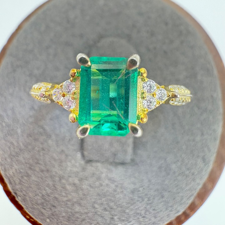 Gold Over Sterling Silver Synthetic Emerald & CZ Ring Emerald Cut Center SZ 6