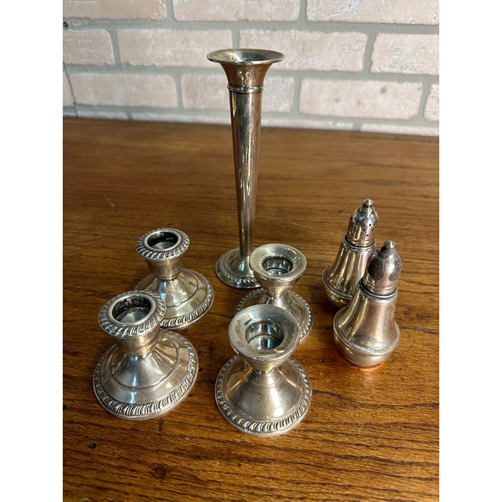 Vintage Lot Sterling Silver Weighted Candle Stick Holders, Salt Pepper Shaker Se