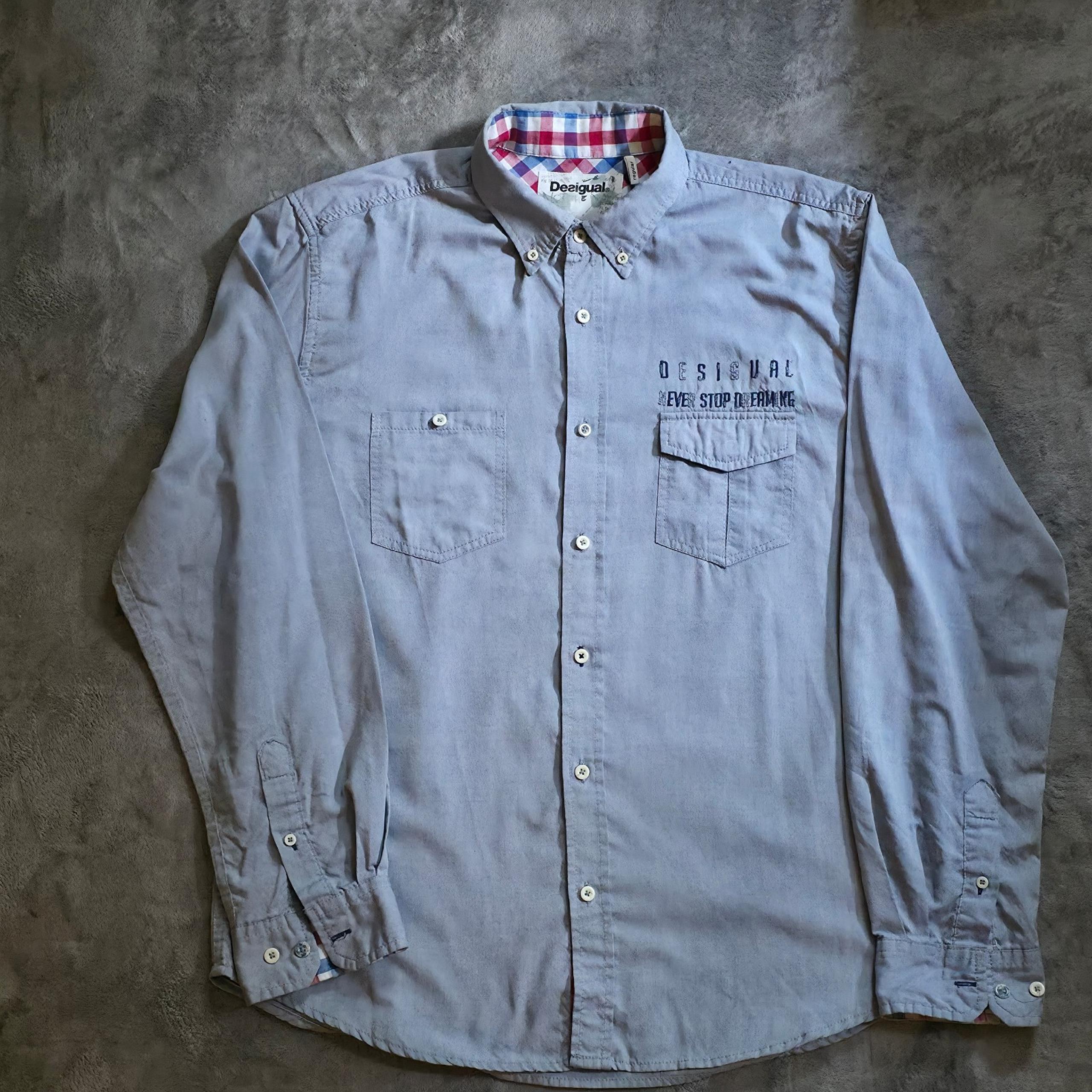 Desigual Regular Gray Car Embroidered Long Sleeve Button Down Shirt