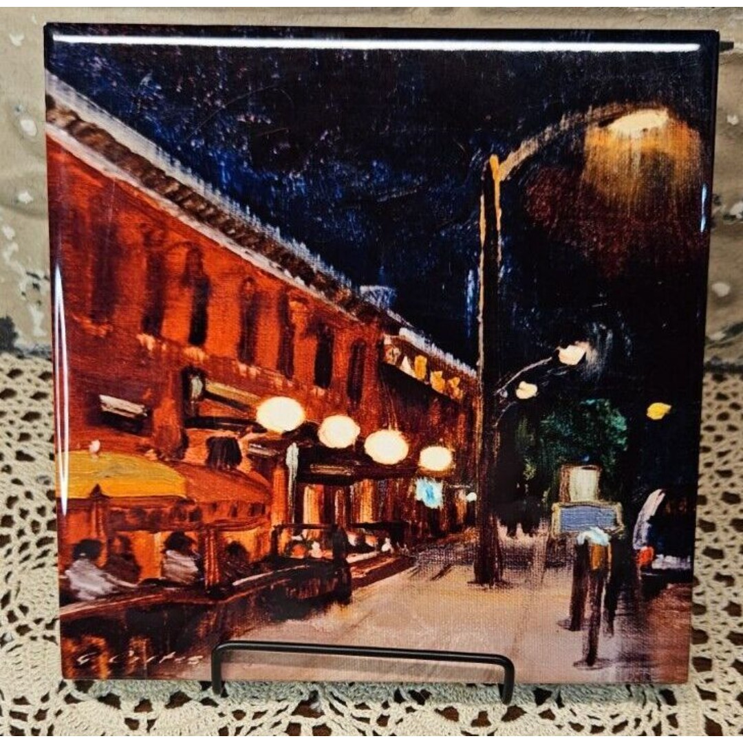 Trivet Wall Plaque Tabletop Decor Abstract Art Nightlife Street Scene 8 x 8 