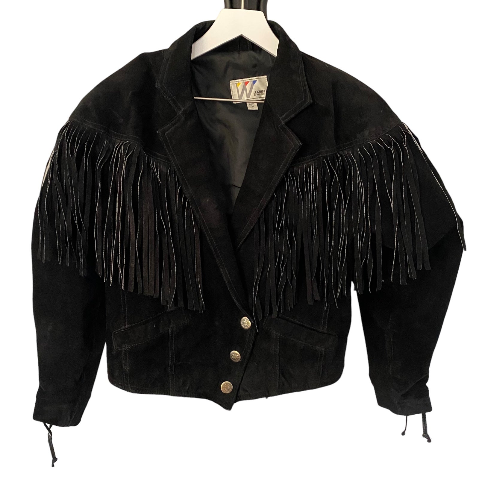 Vintage Wilsons Leather Boho Western Moto Fringe Black Suede Jacket Size Medium