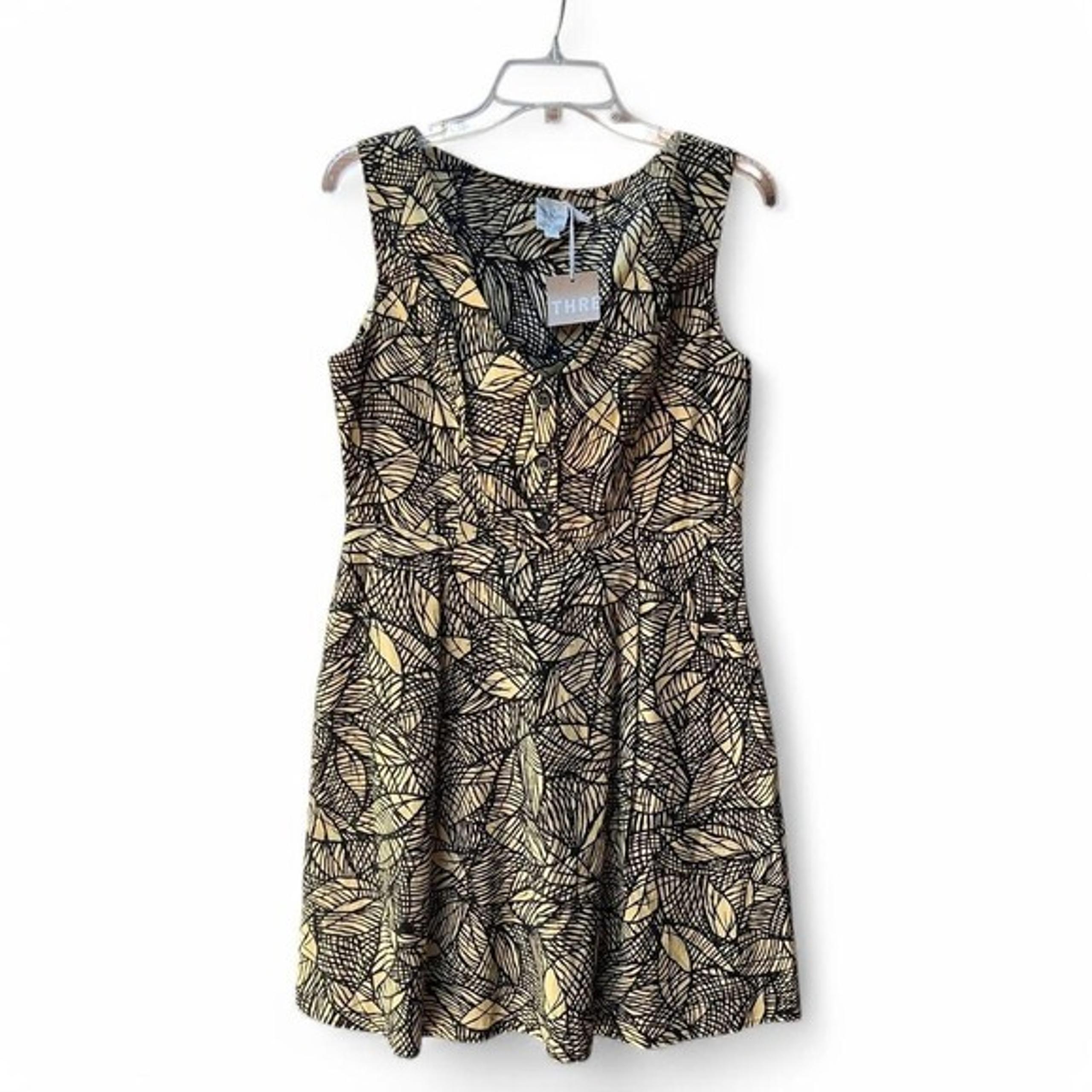 Yellow and black casual leaf print sleeves knee high dress with pockets v-neck.