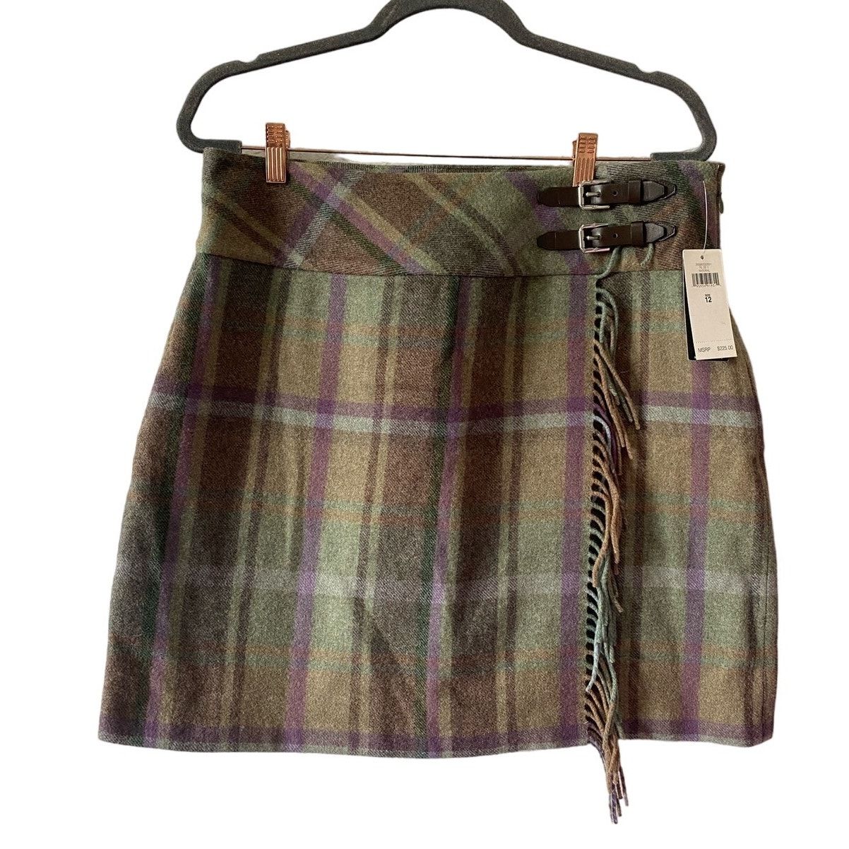 Ralph Lauren Plaid Fringe-Trim Tweed Wool Skirt Size 12 NWT