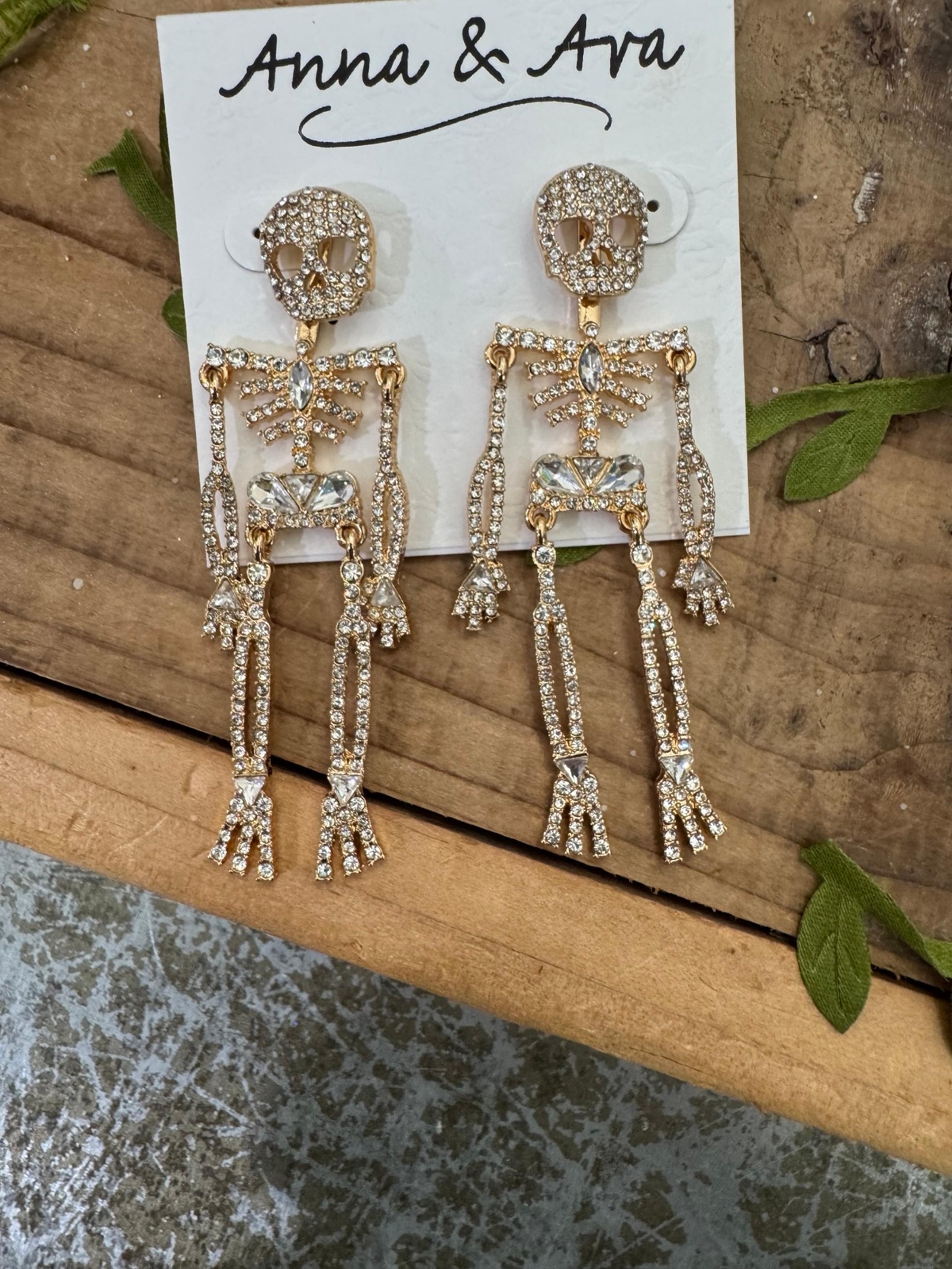ANNA & AVA GOLD CRYSTAL STATEMENT HALLOWEEN SKELETON EARRINGS