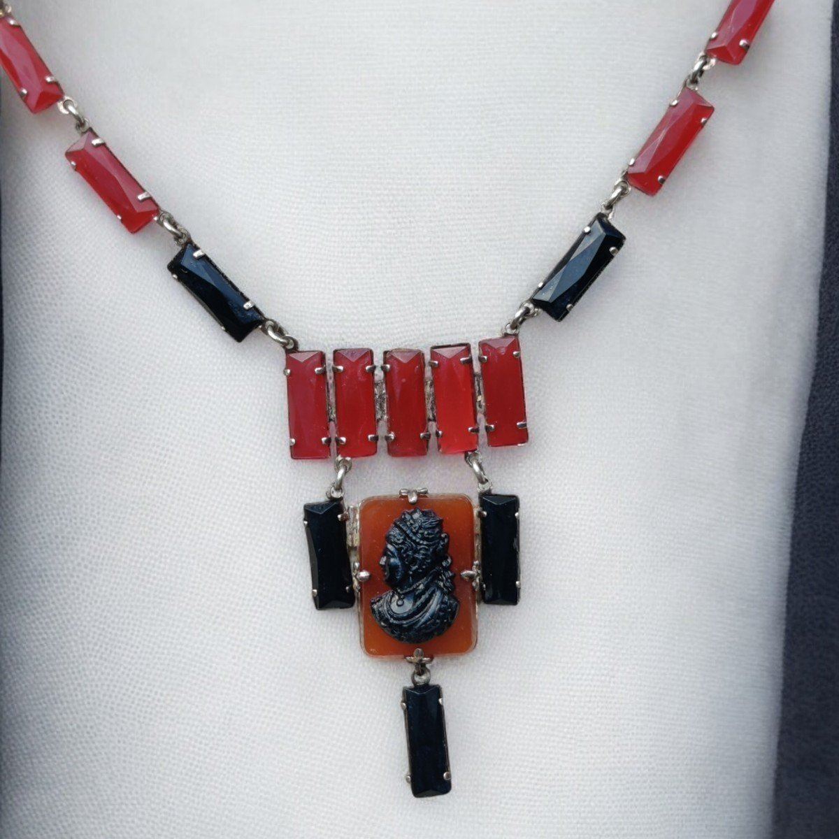 Antique sterling silver stone cameo necklace