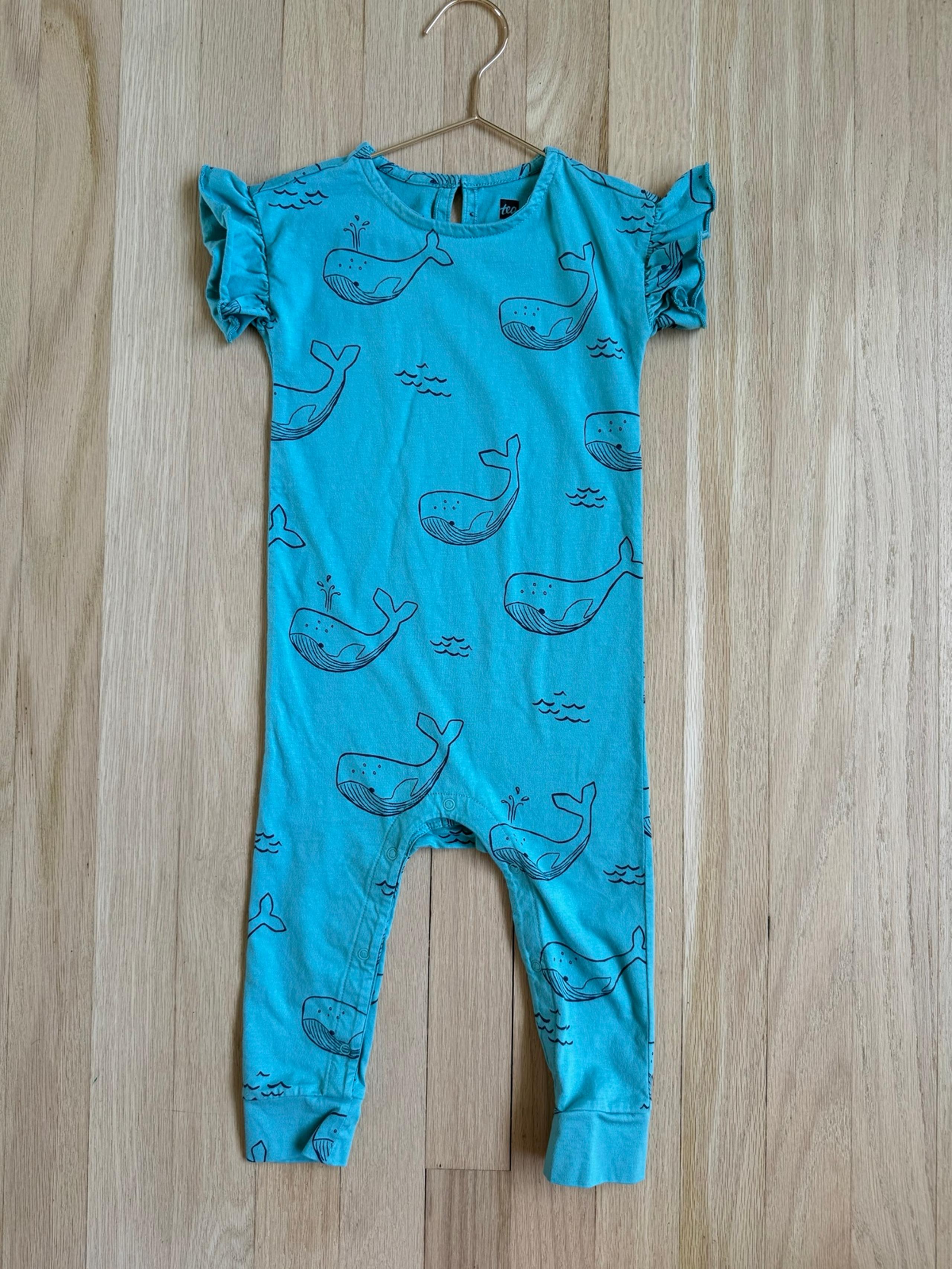 Tea Collection Whale Print Ruffle Romper, Size 12 - 18 months