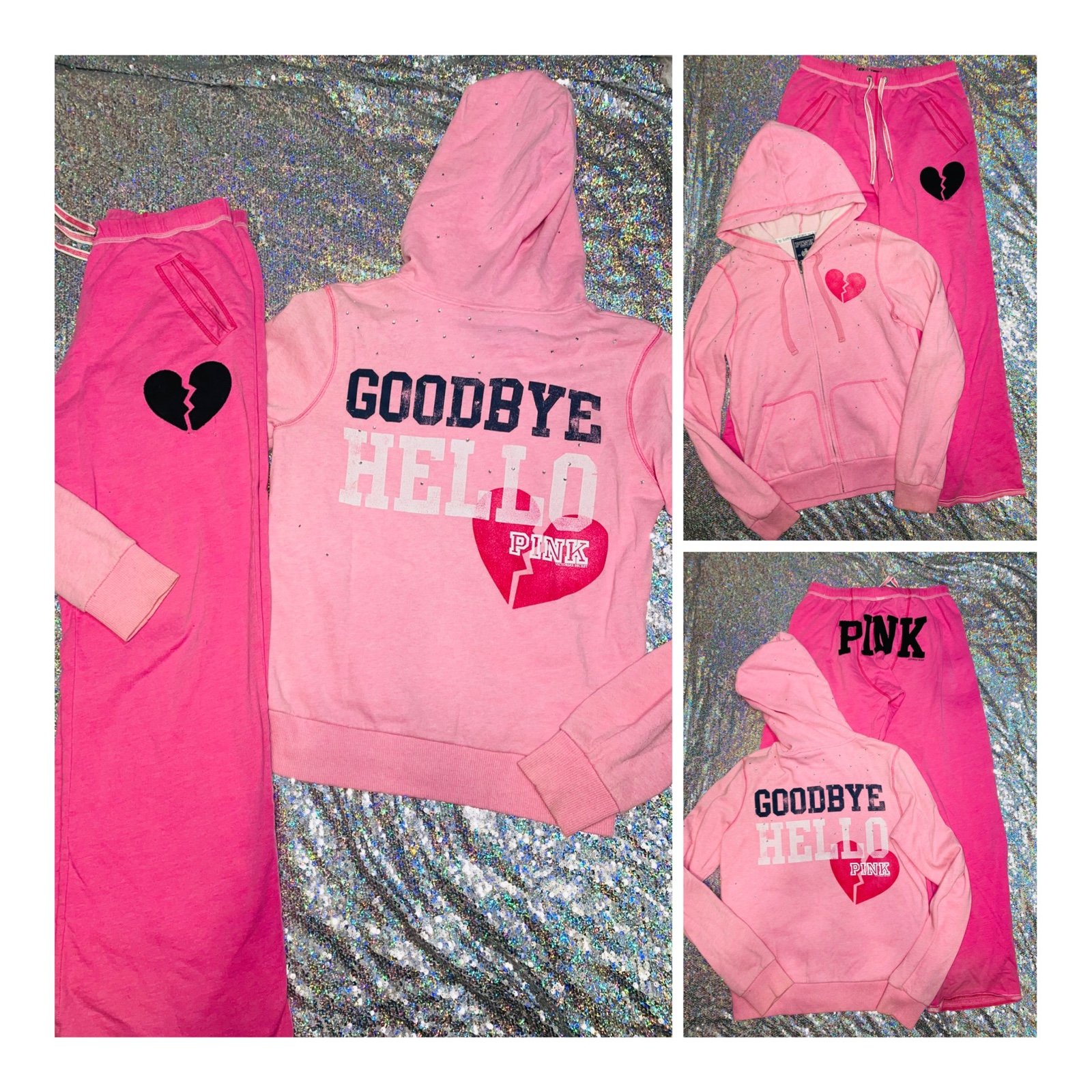 VS PINK vintage broken heart rhinestone bling zip hoodie boyfriend pants outfit