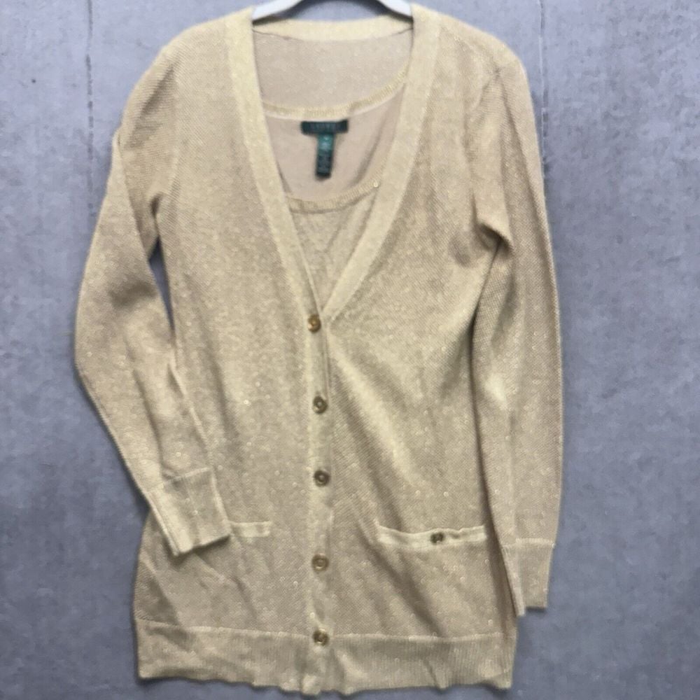Ralph Lauren LRL Sweater Set M Cardigan Silk Metallic Gold Holiday Cruise Party