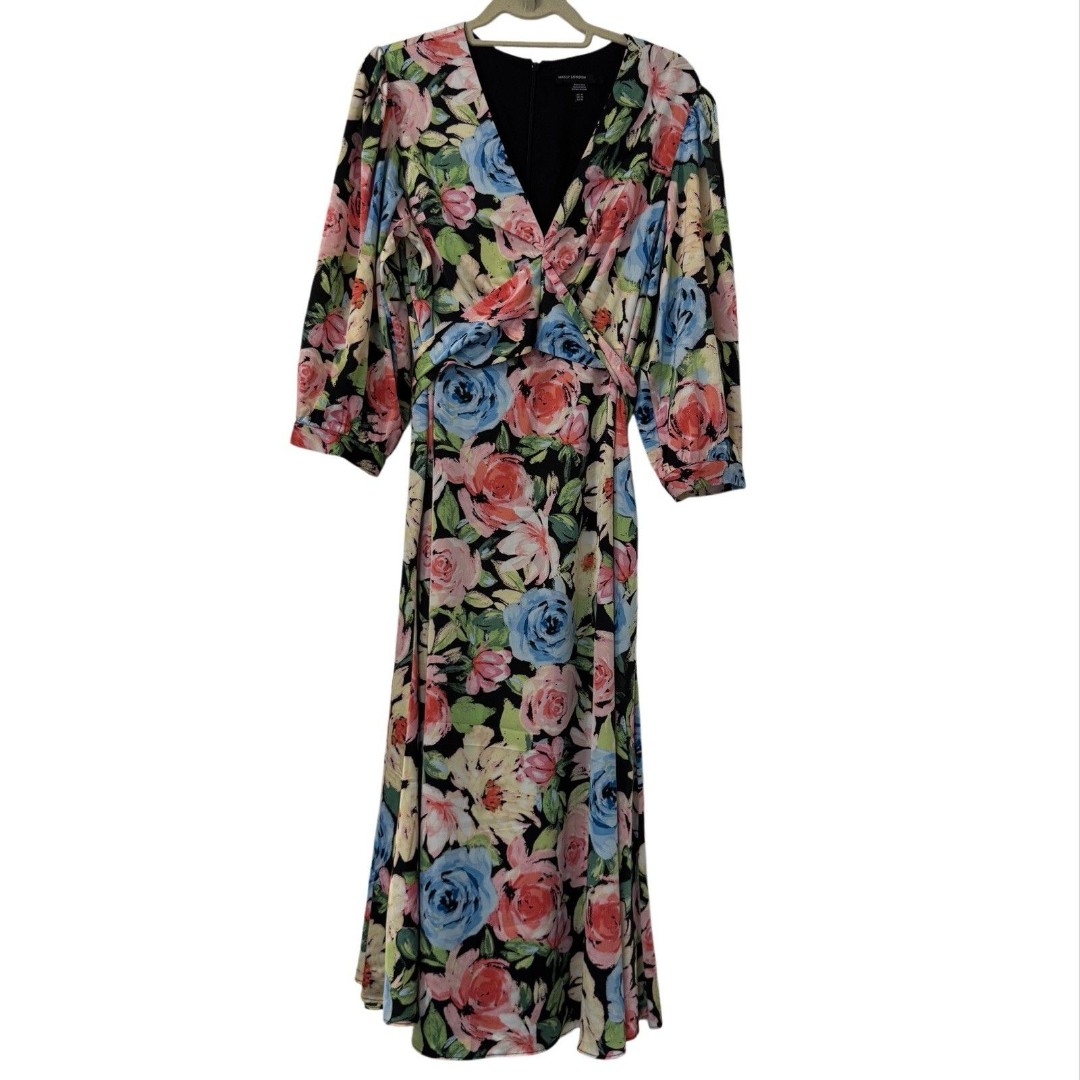 Maggy London Floral Empire Waist Midi Dress Sz 16 Black Romantic Feminine Party